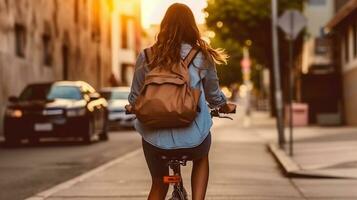 bak- se av ung kvinna ridning en cykel ner de gata på solnedgång. generativ ai foto