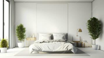 minimalistisk modern vit sovrum. mysigt vit och grå rum minimal begrepp, säng med en massa av kuddar, generativ ai foto