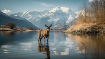 en rådjur stående i främre av en berg sjö med en reflexion av dess horn i de vatten med snö capped toppar i de bakgrund. generativ ai foto