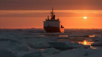 isbrytande fartyg i arktisk med bakgrund av solnedgång, generativ ai foto
