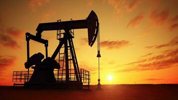 silhuett av rå olja pumpjack rigg på öken- silhuett i kväll solnedgång, energi industriell maskin för petroleum gas produktion. generativ ai foto