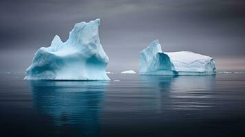 två isberg smält i mörk vatten i antarktis. generativ ai foto