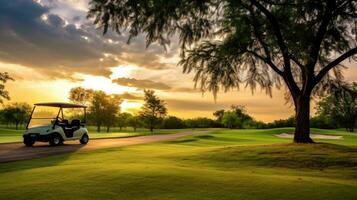 en golf bil, golf vagn bil i fairway av golf kurs med färsk grön gräs fält och moln himmel och träd på solnedgång. generativ ai foto