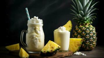 närbild färsk ananas milkshake smoothie och färsk ananas, generativ ai foto