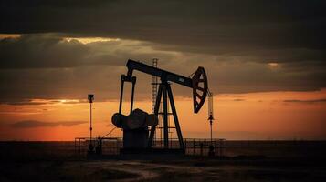 olja pump, olja rigg energi industriell maskin för petroleum i de solnedgång bakgrund, generativ ai foto