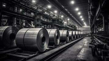 industriell växt för de produktion av ark metall i en stål kvarn lagring av ark rullar. generativ en foto