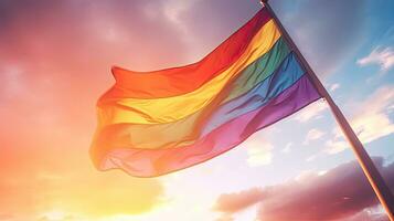 regnbåge Gay flagga på himmel på solnedgång. regnbåge Gay flagga. generativ ai foto