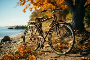 årgång cykel parkerad bredvid en träd, helgen vibrafon ai genererad foto