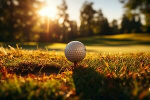 solkysst golf klubb och boll på grön ai genererad foto