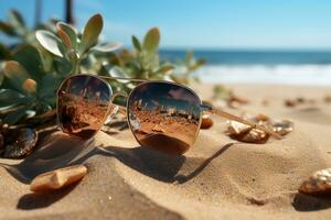 sommar väsentliga solglasögon och snäckskal vilar på sand ai genererad foto