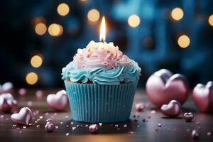 födelsedag muffin med blå ljus, kärlek tema hjärta dekoration, och utsökt glasyr ai genererad foto
