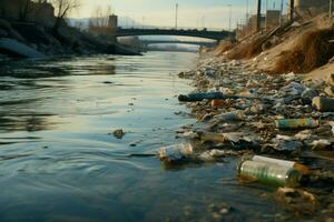 flod förorening, sopor, plast, mat avfall bidra till miljö- skada ai genererad foto