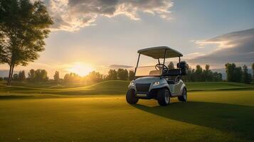 en golf bil, golf vagn bil i fairway av golf kurs med färsk grön gräs fält och moln himmel och träd på solnedgång. generativ ai foto