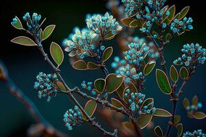 stänga upp av grenar täckt i mycket liten blå blommar. dess sommartid. makro fotografi den där är konstnärlig foto