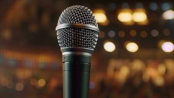 stänga upp av mikrofon i konsert hall eller konferens rum. mikrofon. generativ ai foto