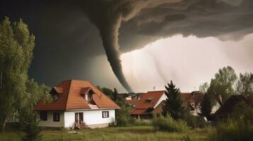 destruktiv tornado tratt, naturlig kataklysm katastrof. ai genererad. foto