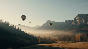 färgad ballonger flyga i de moln i de Sol över de berg, kullar. ai genererad. foto