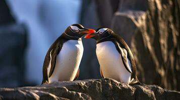 en gentoo pingvin par har en anbud ögonblick på en små berg. generativ ai foto