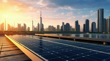 rena energi, sol- paneler med en stad horisont i bakgrund, visa upp de integration av förnybar energi källor inom urban miljöer hållbar och eco vänlig framtida. generativ ai foto