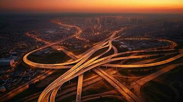 antenn se av motorväg, väg trafik ett Viktig infrastruktur av de huvudstad. generativ ai foto
