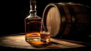 scotch whisky flaska med glas av whisky och gammal trä- tunna. generativ ai foto
