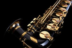saxofon jazz instrument. saxofon musik instrument närbild på svart bakgrund. generativ ai foto