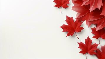 Lycklig 1:a av juli kanada dag firar. topp se platt lägga av nationell lönn löv, röd, vit stjärnor på vit bakgrund med tömma Plats för text generativ ai foto