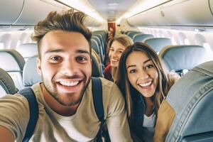 ung stilig par tar en selfie på de flygplan under flyg runt om de värld. de är en man och en kvinna, leende och ser på kamera. resa, lycka och livsstil generativ ai foto