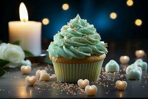 blå ljussatt muffin med gul grädde, hjärta för kärlek grön krona muffins närliggande ai genererad foto