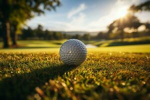 golf spelare sätta golf boll in i hål, spelare fläck , golf boll fokus ai genererad foto