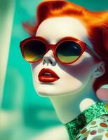 röd hår kvinna, retro glamour, bär retro solglasögon illustration foto