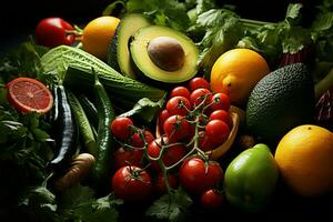 en friska mat begrepp visat upp förbi färsk grönsaker och frukt på arbete ai genererad foto