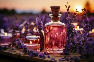 aromaterapi himmel lavendel- panorama med grundläggande olja flacons, lugnande och aromatisk ai genererad foto