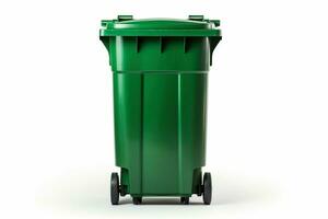 grön plast skräp eller återvinning bin på hjul, en bekväm och miljövänlig behållare för avfall förvaltning, isolerat på en vit bakgrund. ai generativ foto