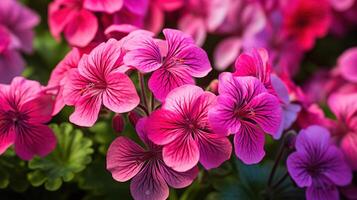 närbild av geranium pelargonia blommor, visa upp deras vibrerande färger och invecklad kronblad mönster. ai generativ foto