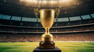 de mästare guld kopp, en symbol av triumf, glittrar i de fotboll stadion. generativ ai foto