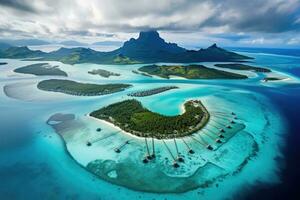 antenn se av tropisk ö på seychellerna, mahe, antenn se av bora bora ö och lagun, ai genererad foto