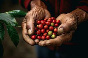 arabica kaffe bär insvept i de händer av en jordbrukare på en kaffe plantage. generativ ai foto