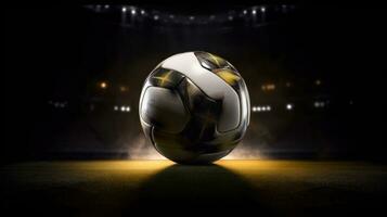 en ny fotboll boll i de Centrum av de stadion upplyst förbi de strålkastare. generativ ai foto