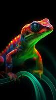 neon gecko på mörk bakgrund generativ ai foto