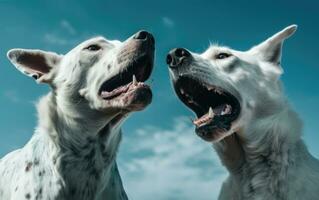 våldsam hund slåss i studiostil porträtt mot blå himmel perfekt för posters och webb foto