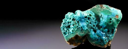 chrysocolla är sällsynt dyrbar naturlig geologisk sten på lutning bakgrund i låg nyckel, isolera. ai genererad. foto
