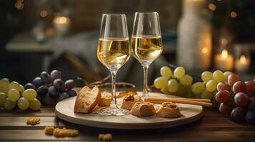två vin glasögon av årgång chardonnay med utsökt aptitretare. par av glasögon av vit vin, italiensk brödpinnar, fikon och vindruvor. interiör bakgrund. ai generativ foto