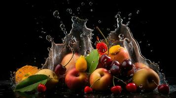 vatten stänk, frukt på en svart bakgrund vin, aprikos och persika, generativ ai foto