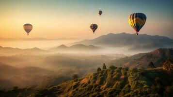 färgrik varm luft ballonger flygande över berg skön himmel bakgrund, generativ ai foto