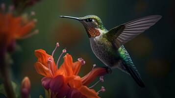 kolibri flugor nära röd blommor. ai generativ foto