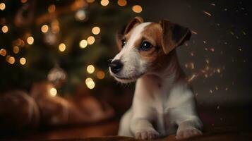 domkraft russell terrier som jul närvarande för barn begrepp. fyra månader gammal förtjusande vovve på soffa förbi de Semester träd, festlig bokeh lampor. generativ ai foto