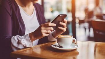 kvinna använder sig av smartphone i kaffe affär med årgång tona. generativ ai foto