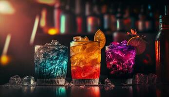 annorlunda utsökt cocktails på svart tabell i bar. ai generativ foto