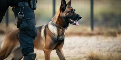 belgisk herde malinois bevakning de gräns med en gräns vakt. generativ ai foto